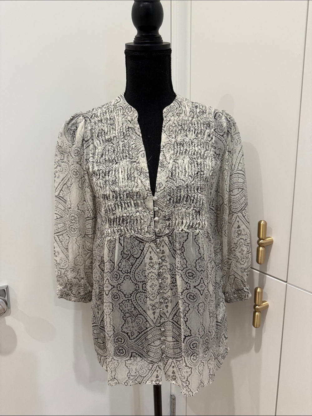 Joie Black and White Paisley Smocked Blouse